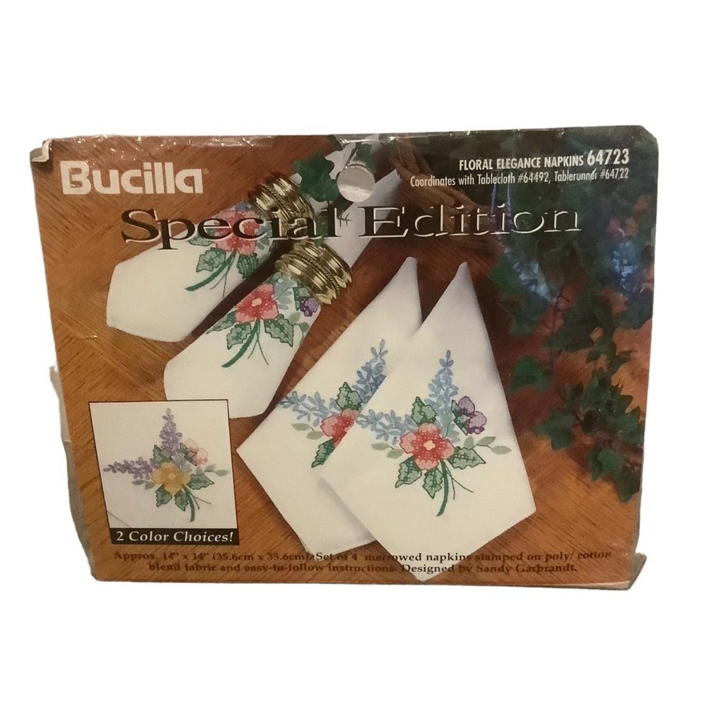 Vtg 1997 Bucilla Floral Elegance Napkins Embroidery Cross Stitch Set of 4 14"x14